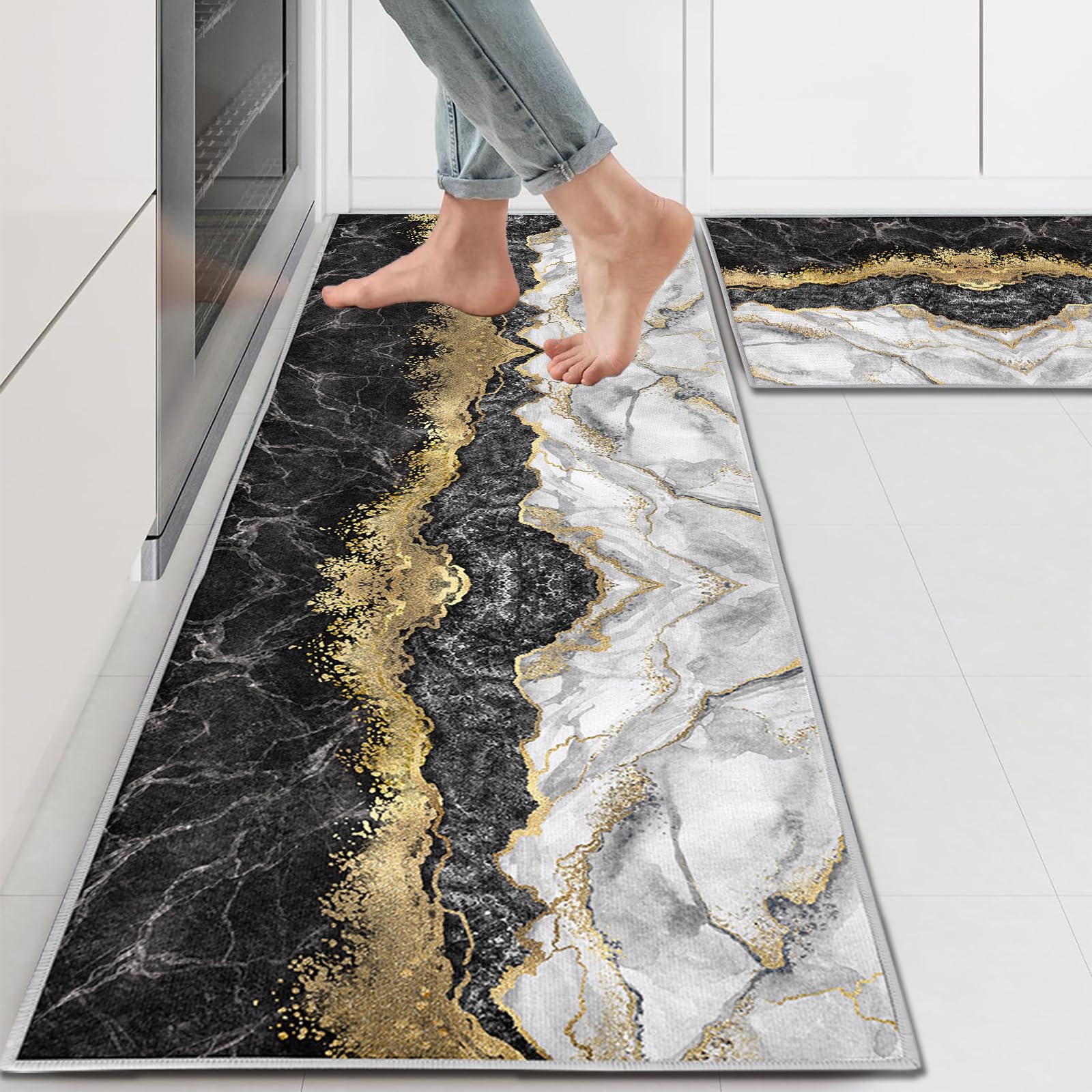 Black Kitchen Rugs and Mats Sets of 2 Pieces Funny Kitchen Decoration Non Slip Super Absorbent Kitchen Mat Runner Rug for Sink,Hallway,Laundry Room (Marble, 40x120cm+40x60cm) — image 1