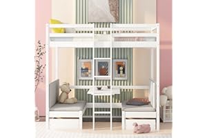 MERITLINE Twin Over Twin Bunk Bed, Convertible Dorm Loft Bed with Desk and Storage Drawers for Kids Teens, No Box Spring Needed (White Loft Bunk Beds)