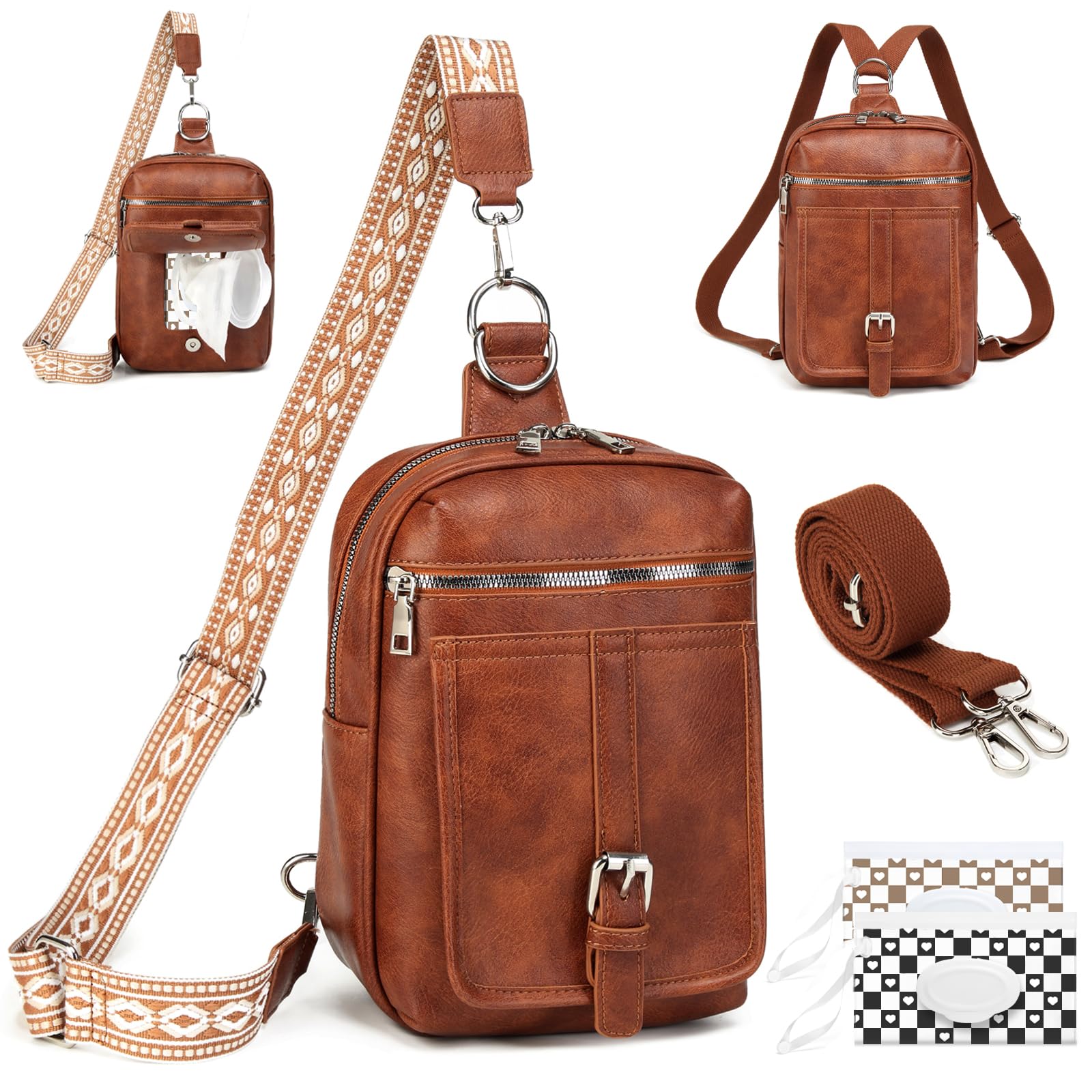 Photo 1 of 2 in 1 Crossbody Bags for Women Men Sling Backpack Purse Faux Leather Cross Body Bag for Woman with 2 Deletable Straps and Wipes Pouch Large Front Chest Shoulder Purses Diaper Bag Fanny Pack Brown