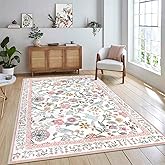 Rugalia Floral Washable 5x7 Area Rug, Soft Non-Slip Pink Rugs for Girls Bedroom Low Pile Flower Birds Living Room Rug, Non-Shedding Botanical Indoor Carpet for Nursery Playroom Dining Room