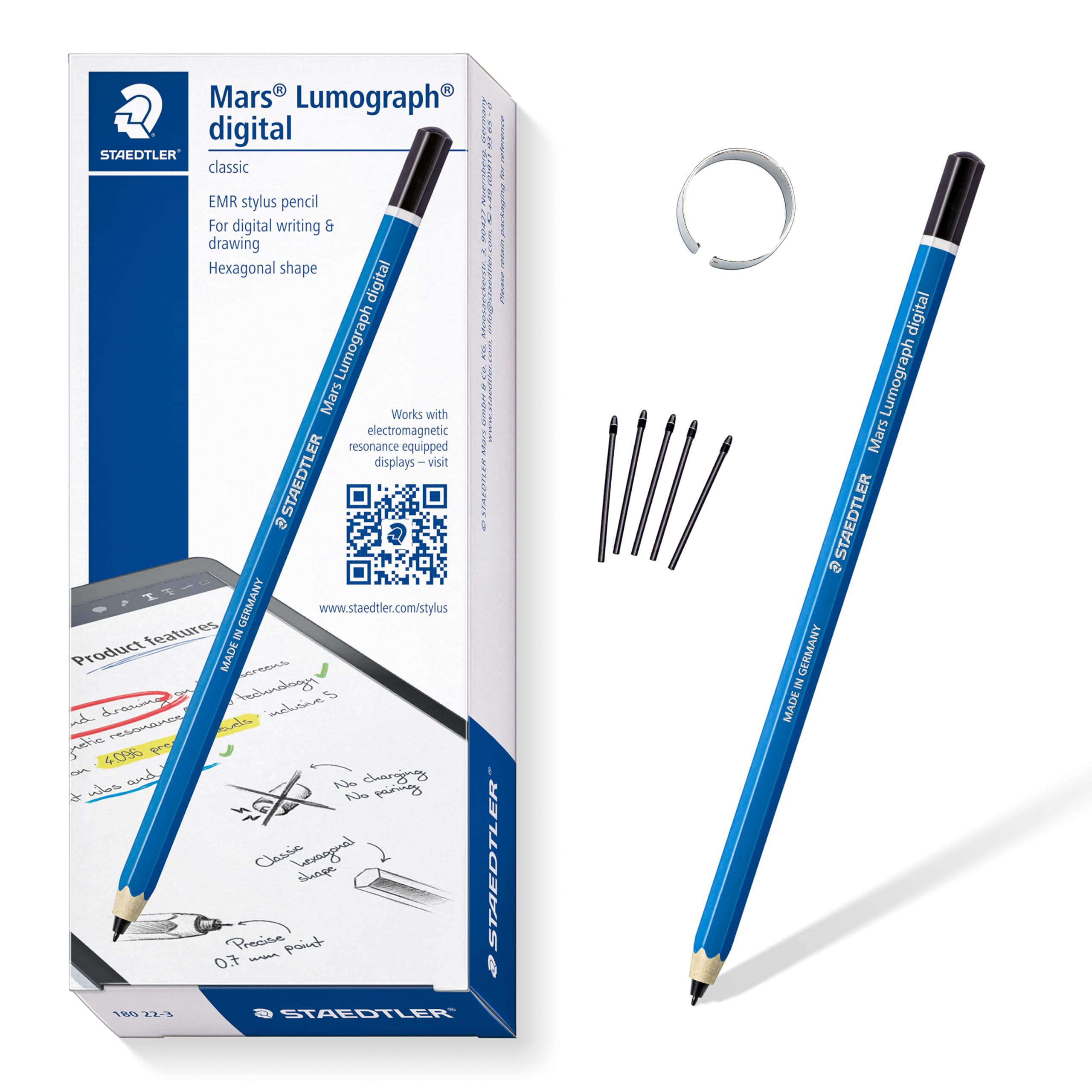 STAEDTLER Mars Lumograph Classic Digital Stylus Pen: No Charging, EMR Palm Rejection, 4.096 Pressure Levels, Hexagonal Shape, Natural Writing and Drawing on Touchscreen Tablet, Laptop, Phone