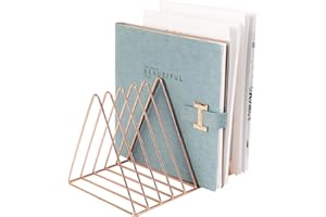 PENGKE File Organizer Triangle Iron Desktop Storage Book Rack Bookshelf Copper Magazine Newspaper Holder Art Desktop Organizer Rack,Rose Gold Pack of 1