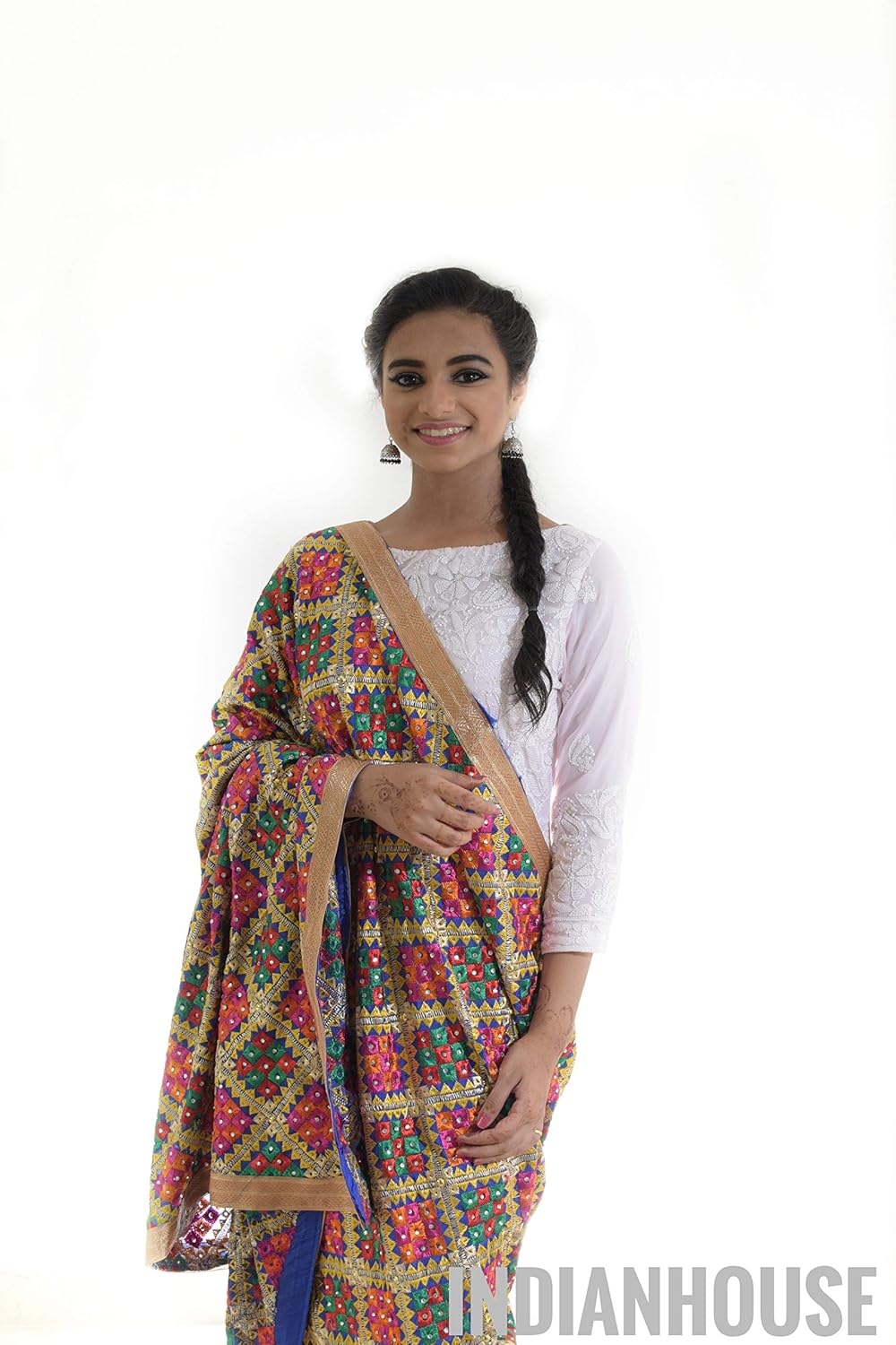 indian house women's chinnon phulkari saree (kaanta1050, blue)