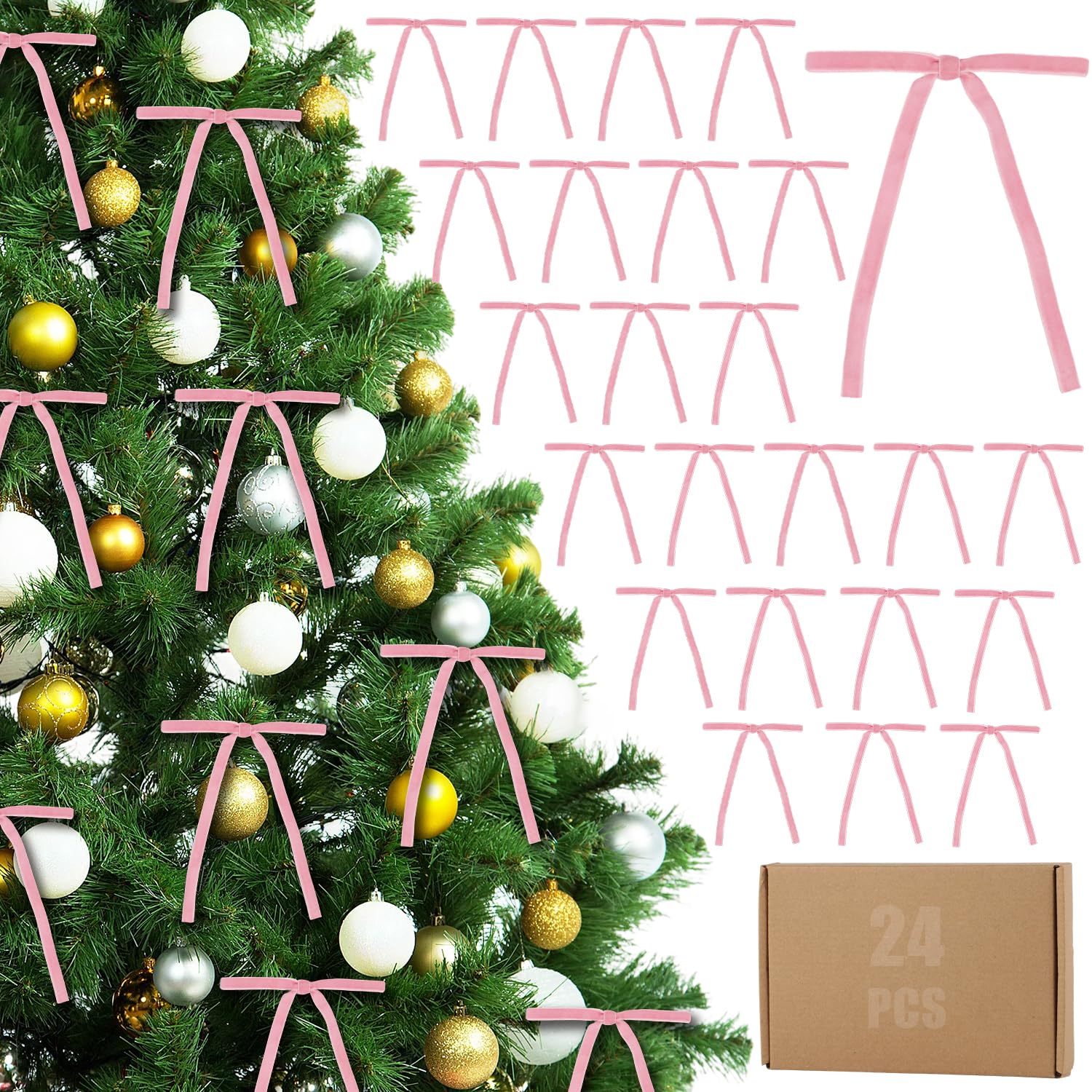 Photo 1 of 24 Pcs Velvet Christmas Tree Bows,Rustic Crafts Gift Velvet Ribbon Bows Twist Tie Bows for Xmas Wreaths Garland Gift Wrapping Wedding Decor (3/8'' Wide, 5 * 7 inch) (Pink, Medium)