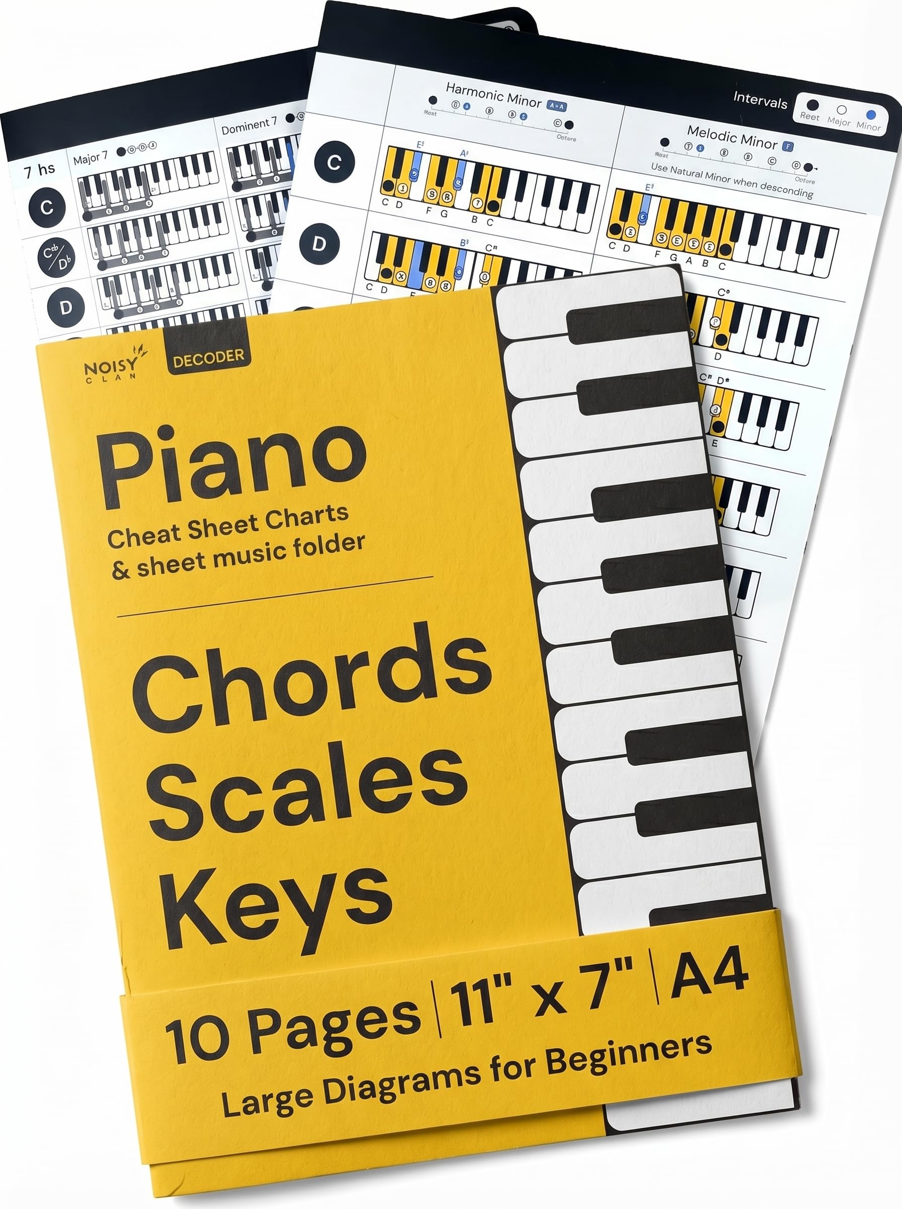 Piano Chords and Scales Chart | Music Learning Tool - Keyboard Cheat Sheets Fit in Music Folder - 2 Pack Bundle Chords, Keys, Major Scales, Minor Scales, Laminated Card, Large Print