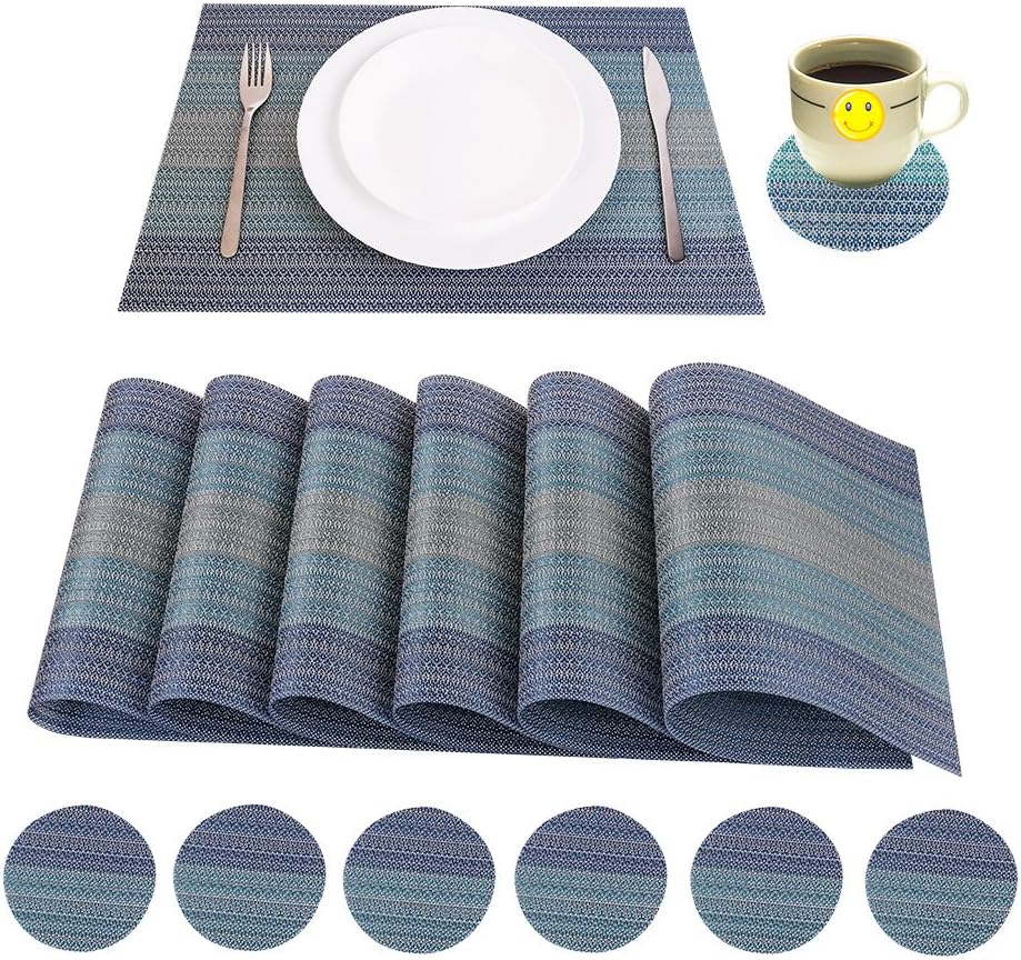 WaaHome Placemats and Coasters Set of 6,Blue,Woven Vinyl Place Mats