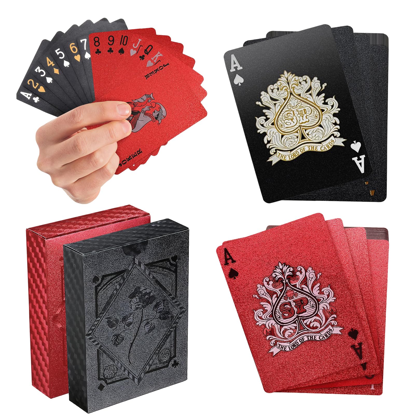 HEUIOP 2 Deck Waterproof Playing Cards,Plastic Standard Playing Card Decks,Gold Foil Rose Style Poker for Party Game BBQ Gatherings Family Entertainment Collectors,Ages 12+ (Black & Red)
