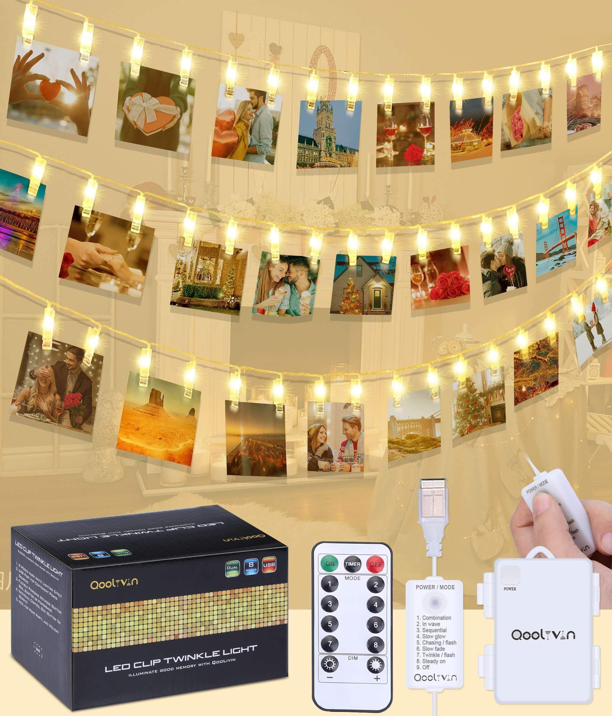 Alilimall Photo Clip String Lights with Remote, Warm White Fairy Lights with USB Port, Timer, Led Lights Battery Operated, Powered by Mobile Charger, Power Bank for Room, Party, Christmas Decor