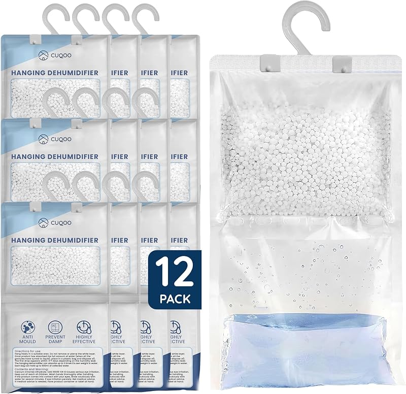 CUQOO Hanging Wardrobe Dehumidifier Bags 12 Pack Moisture Absorber Closet Damp