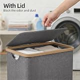 efluky Slim Laundry Basket with Lid 63L Narrow Foldable Linen Bamboo Grey view 2