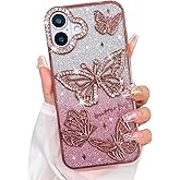 Bonoma Glitter Case for iPhone 16 Plus, Cute 3D Butterfly Pattern Plating Bling Case,Camera Protection Sparkly Slim Soft Back Cover for Women Girls,Pink