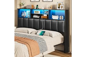 MSmask Queen Size Headboard Only, Upholstered Queen Size Bookcase Headboard with Charging Station and LED Lights, Modern LED Head Board with Storage, Bed Frame Adpater, Black