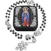 SUTANALE Catholic Rosary Necklace for Women with 8MM Glass Pearl Beads - Our Lady of Lourdes & Immaculate Heart of Mary Jewelry Gift, Travel Case, First Communion