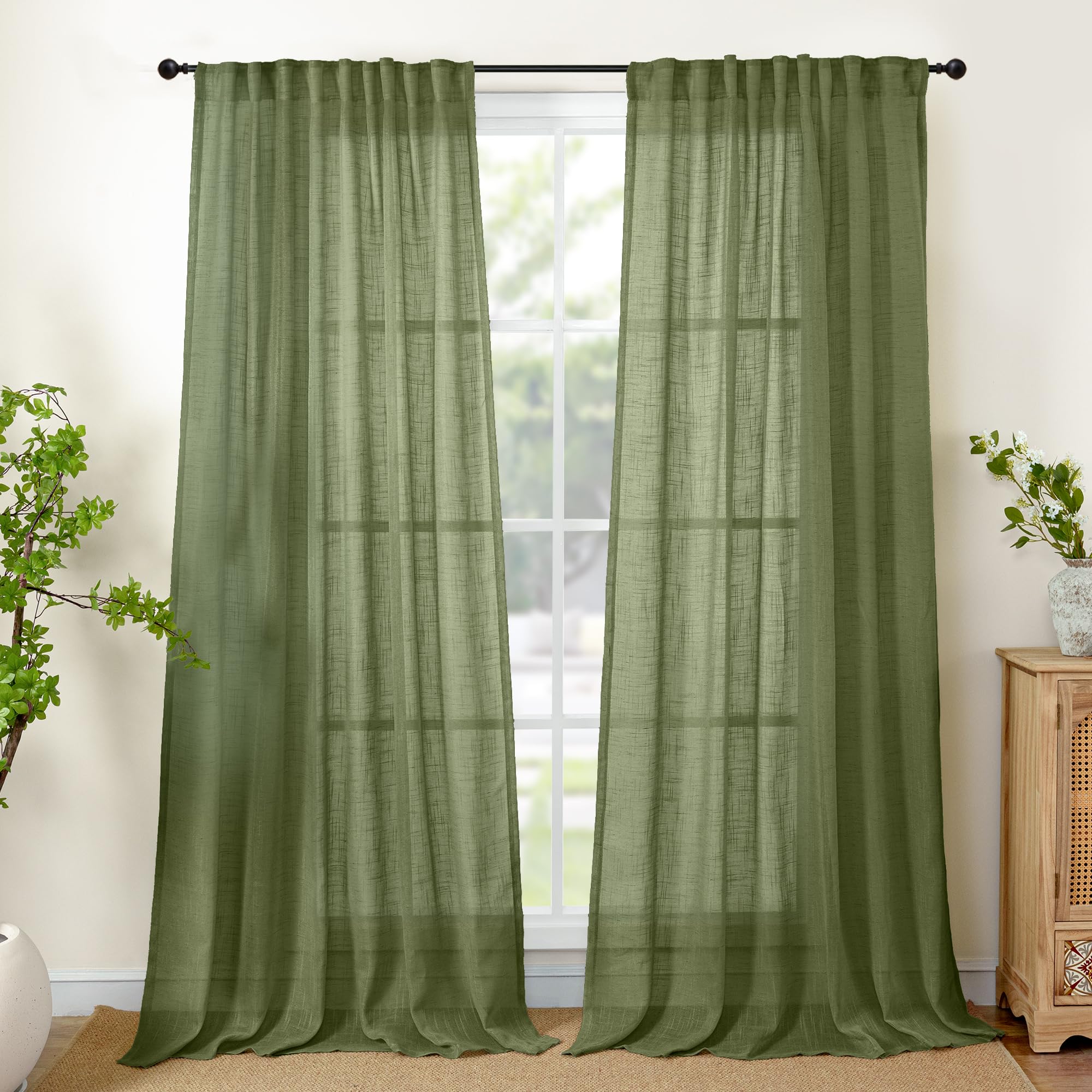 YoungsTex Olive Green Linen Semi Sheer Curtains 95 Inch Length - Light Filtering Drapes with Back Tab Rod Pocket Lightweight for Bedroom Living Room Window, 2 Panels, 52 X 95 Inch Image