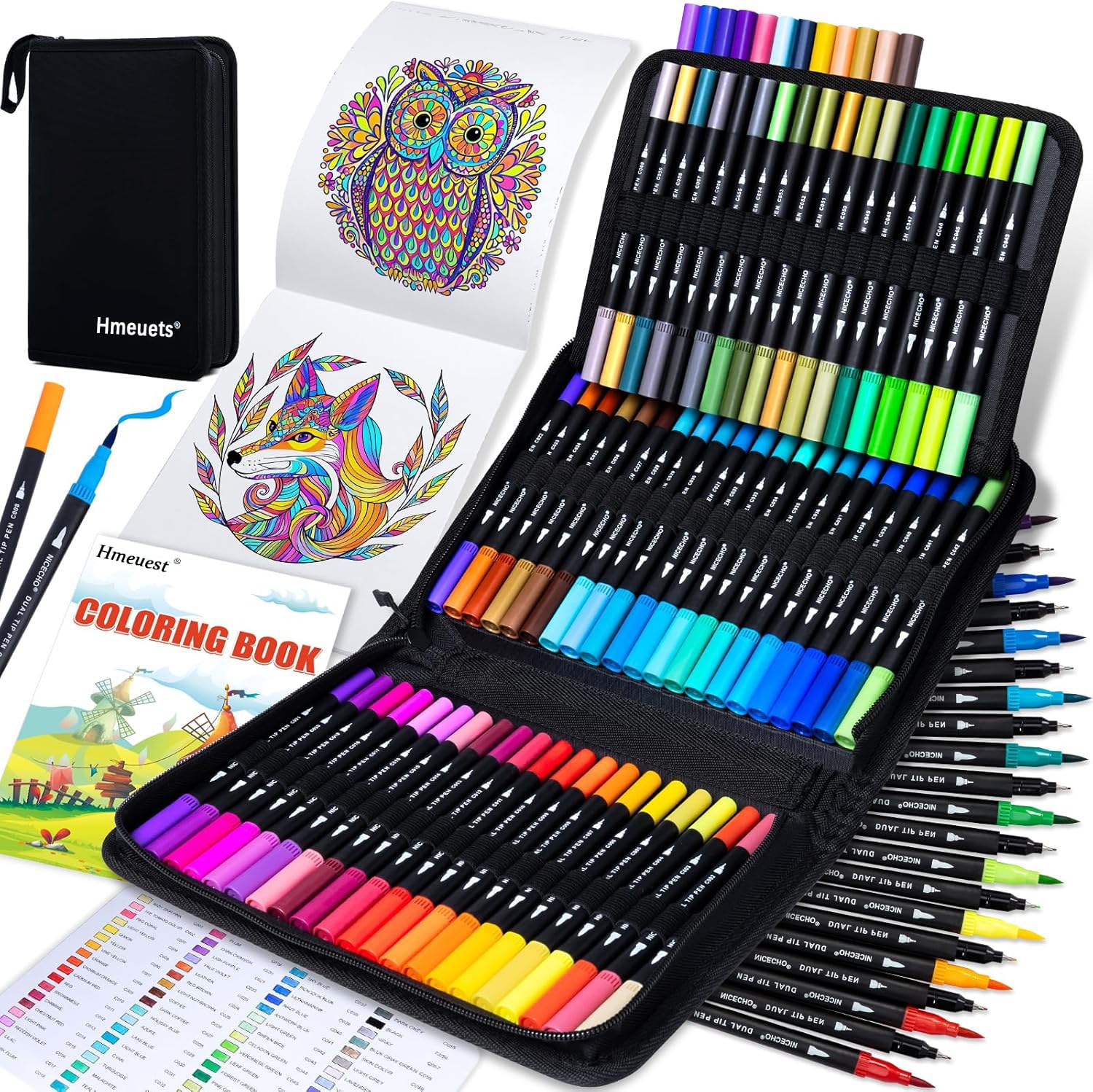 Hmeuest 72 Dual Tip Brush Pens with Case, Colouring Pens for Adults, Flet Tip Art Markers for Colouring Books Drawing Calligraphy Sketching for Adult Artists Beginners
