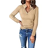 PRETTYGARDEN Spring Quarter Zip Pullover Sweaters for Women 2026 Long Sleeve Collared Fitted Ribbed Knit Tops