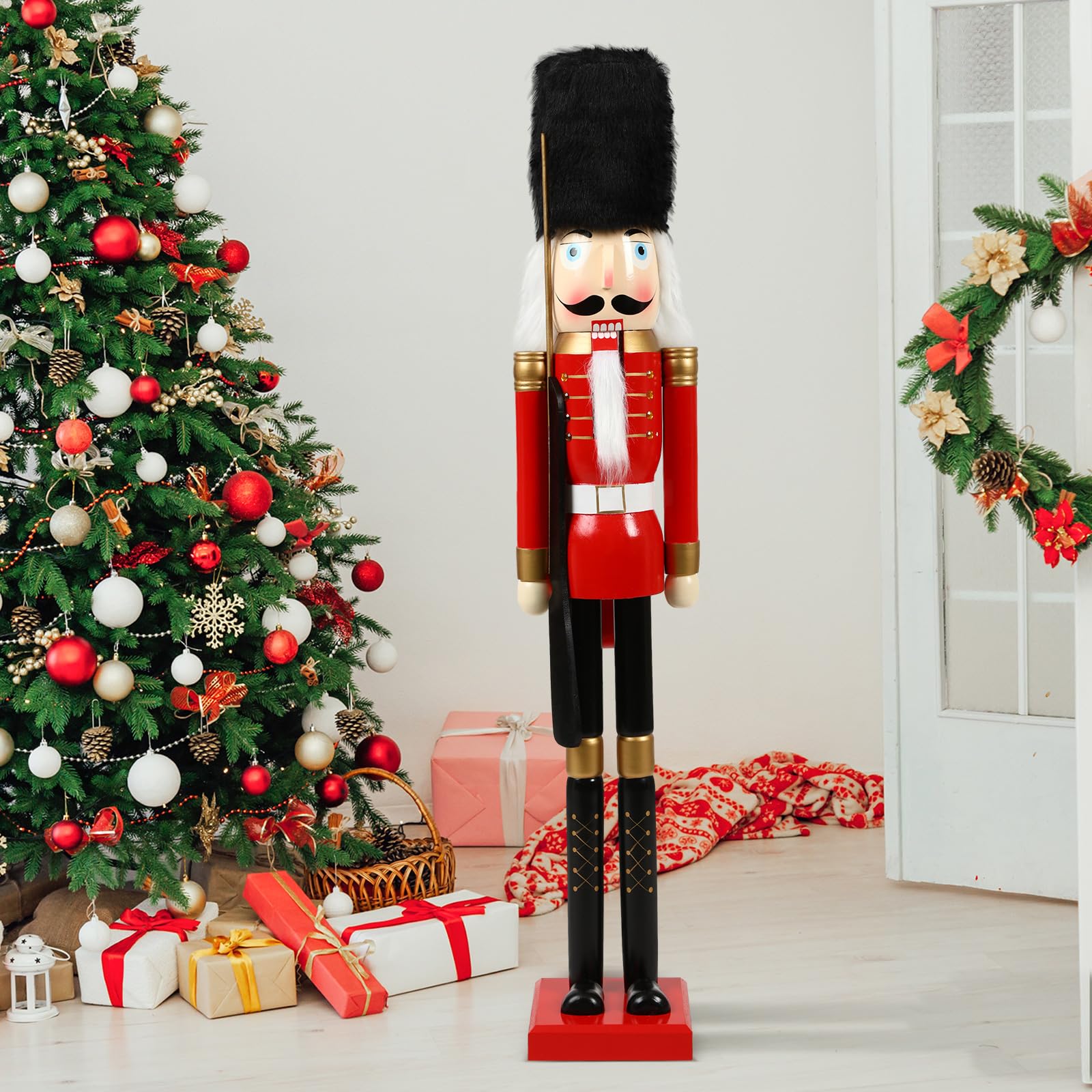 Photo 1 of Liliful 48 Inch 4 ft Tall Life Size Christmas Nutcracker King Giant Red and White Wooden Nutcracker Soldier with Golden Scepter Nutcracker Statue for Indoor Outdoor Xmas Commercial Decor (Soldier)