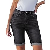 luvamia Bermuda Jean Shorts for Women Knee Length High Waisted Trendy Cuffed Hem Long Stretchy Denim Shorts Summer Jorts
