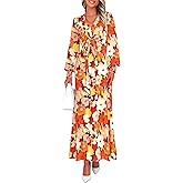 PRETTYGARDEN Women's 2026 Spring Wedding Guest Dresses Floral Long Sleeve V Neck Belted Long Flowy Boho Maxi Dress