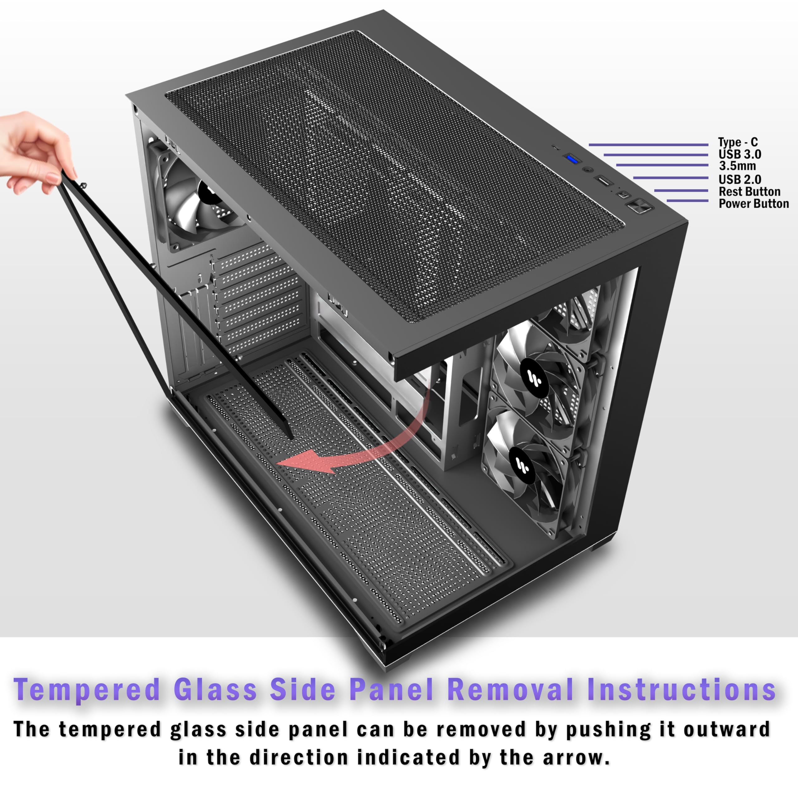KEDIERS PC CASE ATX 4 Fans Pre-Installed, Type-C Mid Tower Computer Case with Full-View Dual Tempered Glass, Gaming PC Case,Black,K4