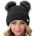 niceacsrise Braxton Beanie for Women - 2 Pom Cable Knit Winter Warm Fleece Hat - Wool Snow Cuff Ski Cap