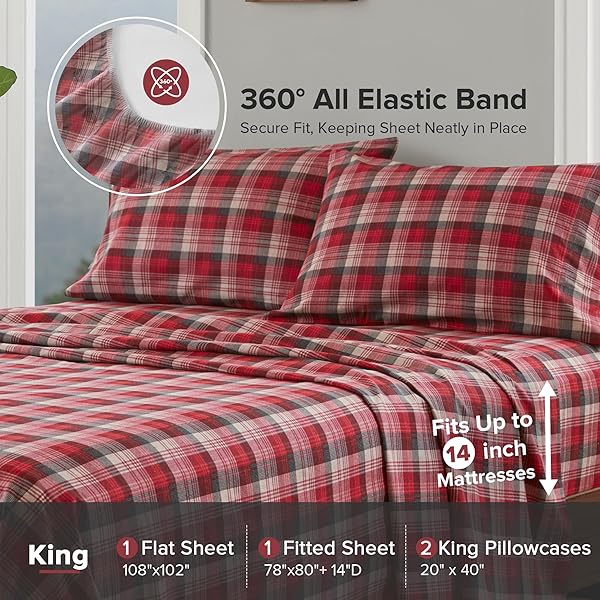 WOOLRICH COTTON SHEET SET COTTAGE CHARMS PRINT, 100% COTTON FLANNEL SHEETS WARM & FUZZY BEDDING SET KING SIZE SHEETS, FITTED POCKET FITS UP TO 14″ MATTRESS, KING RED PLAID, 4 PIECE