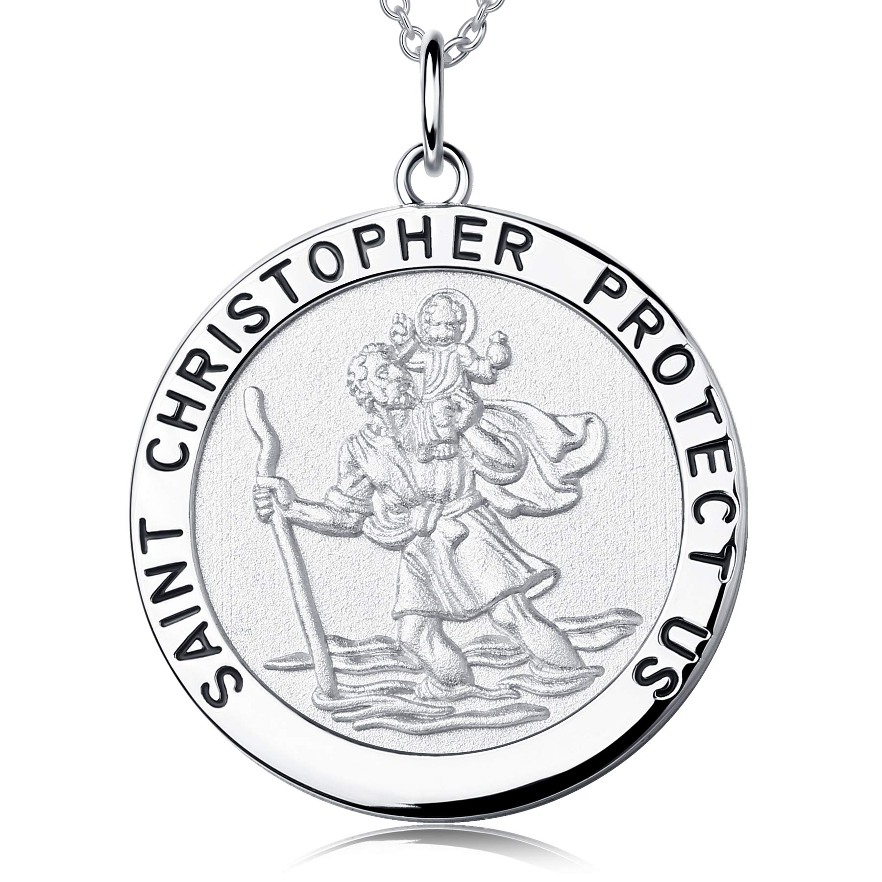 St Christopher Necklace Men Silver Necklace St. Christopher Medal Necklace,Saint Christopher Medal Necklace for Men 925 Sterling Silver St Christopher Necklace for Men Women,Protect Us Necklace — image 1
