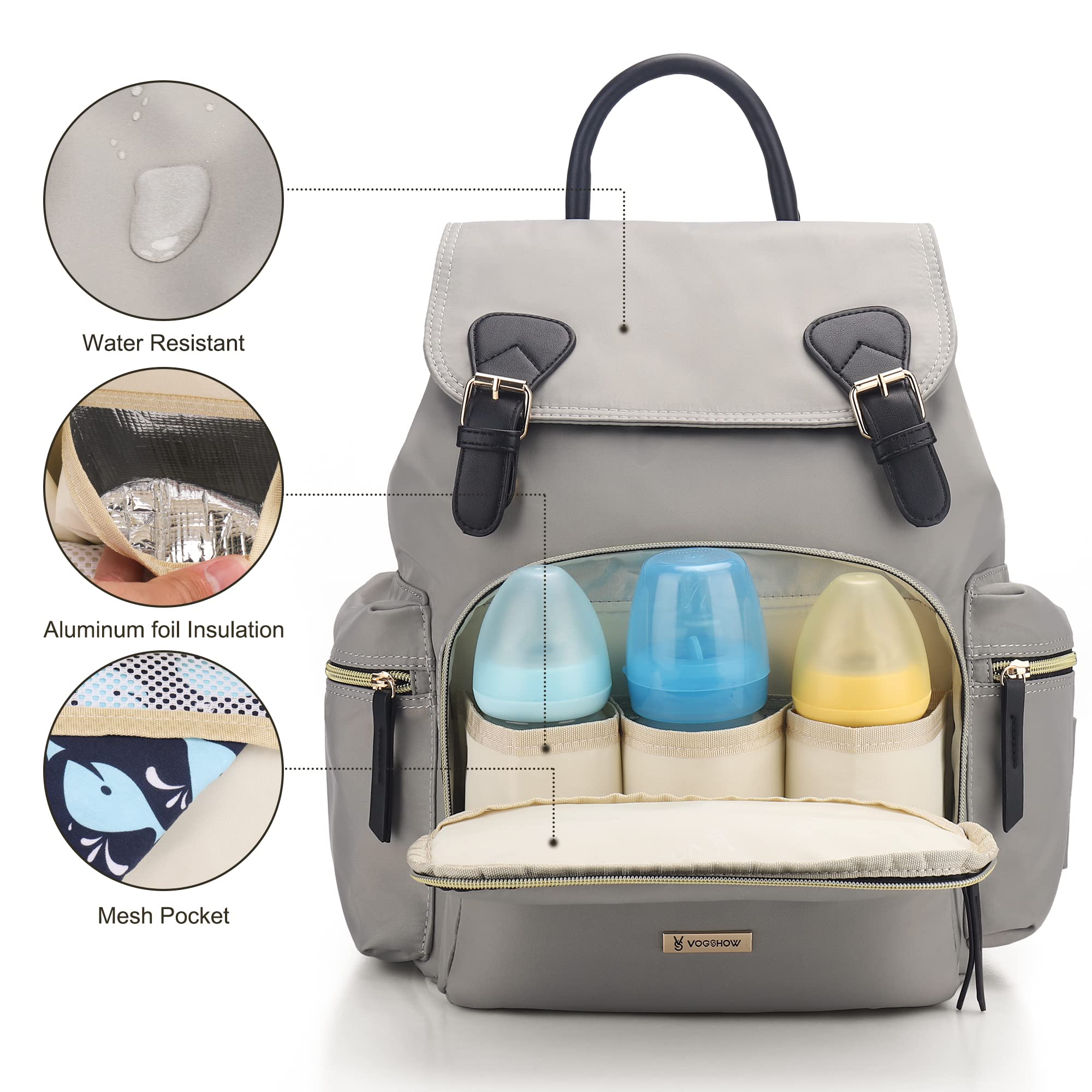 VS VOGSHOW Diaper Bag Backpack, Multifunction Stylish Travel Baby Bag Backpack with Crossbody Strap, Maternity Nappy Bag