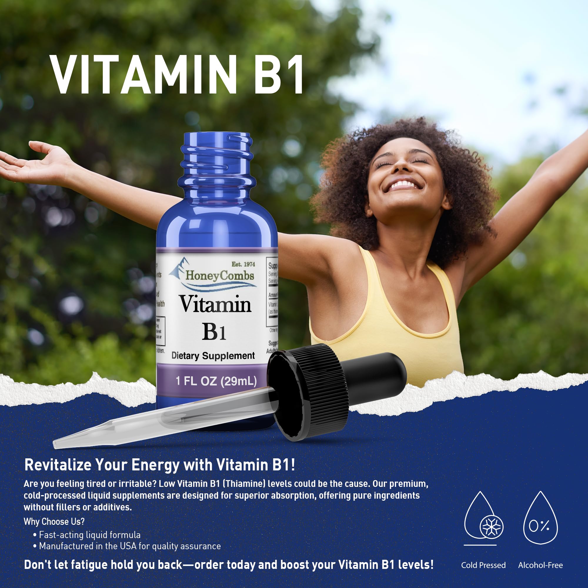 Vitamin B1 Thiamine Liquid Drops - Made in USA - Natural High Potency Fast Absorption Thiamine B1 Supplement for Men, Women & Kids – Vegan Formula - Bulk Sizes Also Available