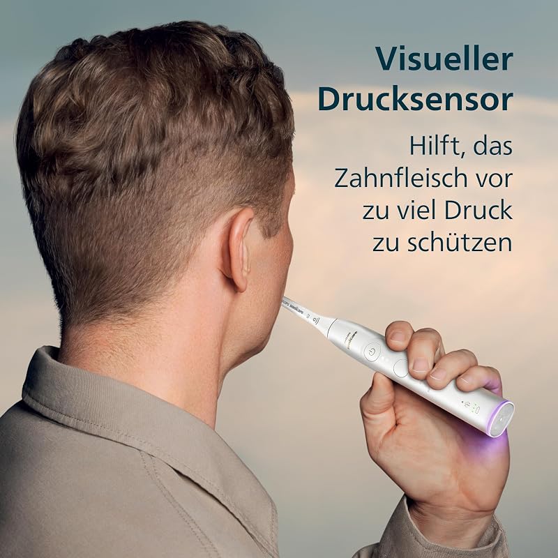 Sonicare 6100 elektrische Zahnbürste, Schallzahnbürste mit 2 Putzmodi, 3 Intensitätsstufen, Andruckkontrolle, EasyStart, SmarTimer, Reiseetui, Weiß, Modell HX7400/02 [Neue Technologie]
