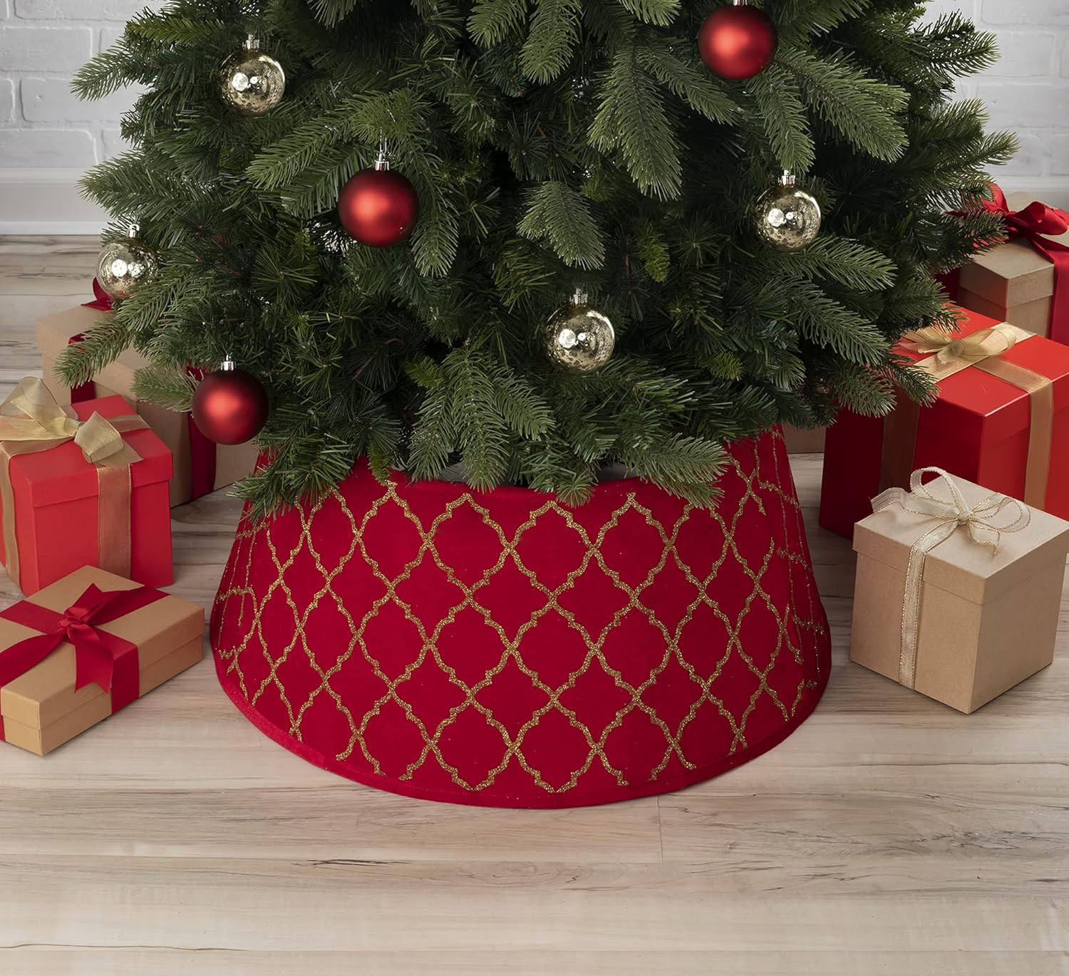 Tree Stands - New Traditions - Christmas Tree Collar Stand Band - Red Velvet with Gold Glitter Quatrefoil Print