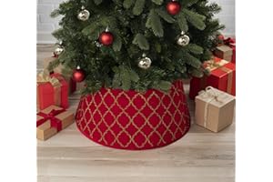 NEW TRADITIONS SIMPLIFY YOUR HOLIDAY New Traditions Red Velvet Christmas Tree Collar with Gold Glitter Quatrefoil Print – 26" Diameter Fabric Stand Band for Artificial & Natural Trees – Tree Skirt Alternative, Collapsible
