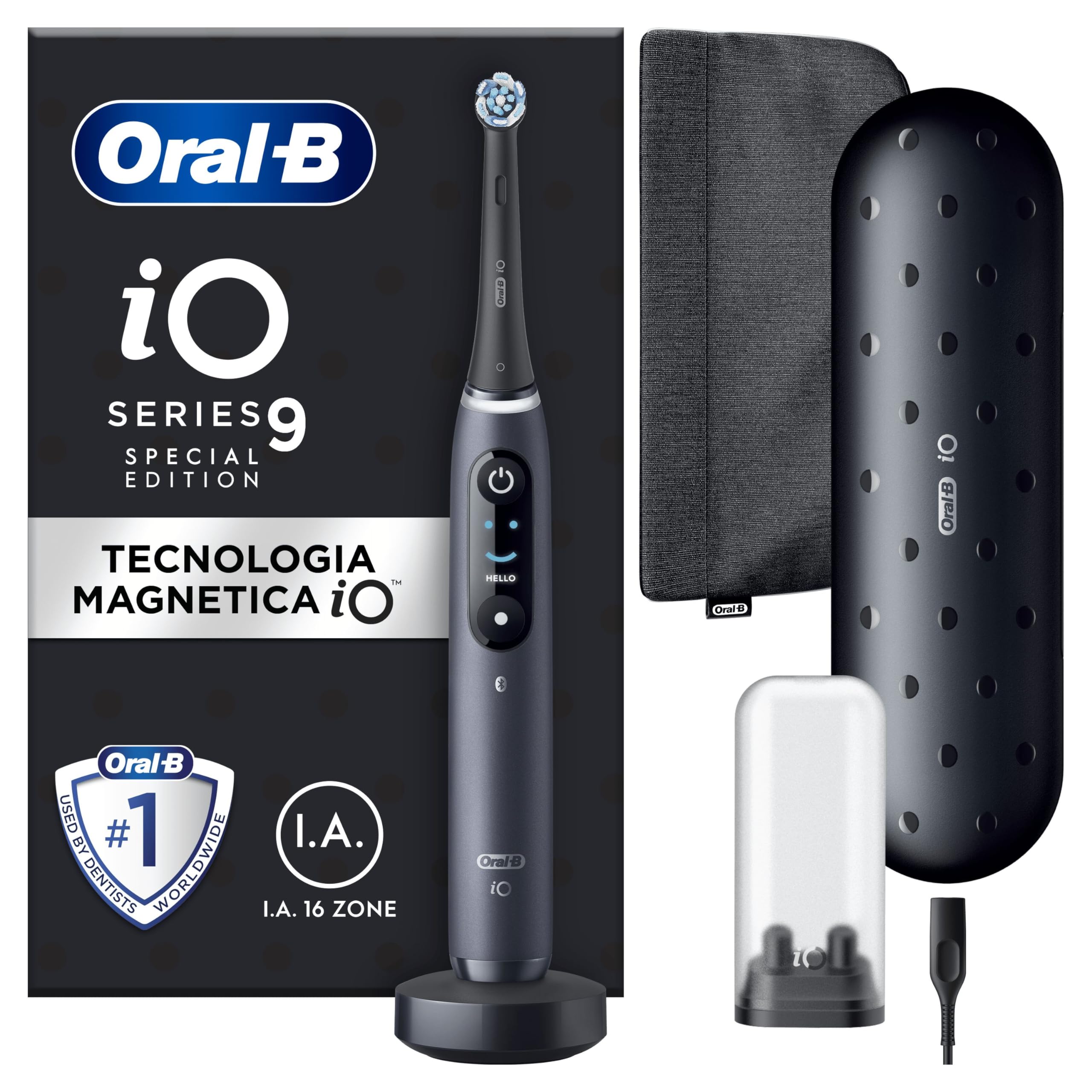 Oral-B Spazzolino Elettrico Ricaricabile iO 9 Nero Edizione Speciale, 1 Testina, 1 Custodia Da Viaggio Con Caricatore,1 Astuccio Magnetico, 1 Spazzolino