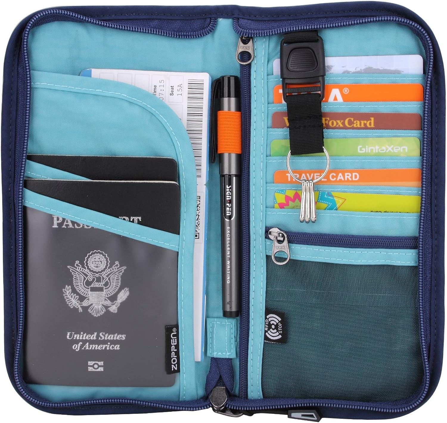  | Zoppen RFID Travel Passport Wallet & Documents Organizer Zipper Case with Removable Wristlet Strap, Royal Blue | Passport Wallets