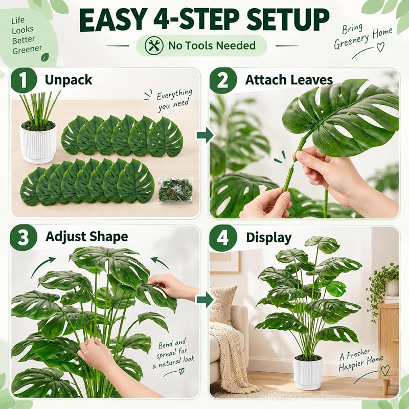 Plantas Artificiales Grandes de 28 Pulgadas, Plantas Artificiales en Maceta de Monstera para Interiores y Exteriores, Sala de Estar, casa, Suelo, Porche Delantero, decoración de árbol — foto 3 de 8