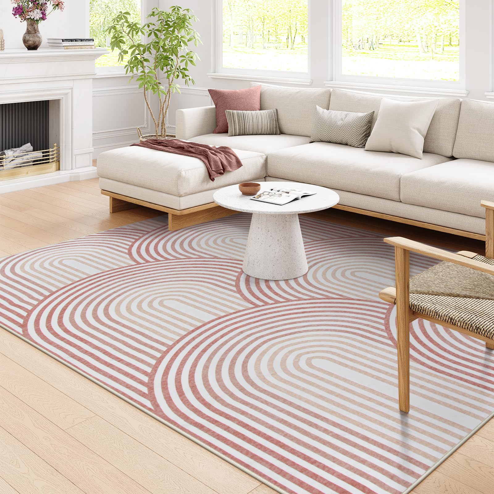 Photo 1 of Moynesa Abstract Rainbow 6x9 Area Rugs for Living Room, Washable Soft Pink Rug for Bedroom Girl Nursery Classroom Ultra-Thin, Mid Century Modern Boho Large Floor Carpet for Playroom Home Office