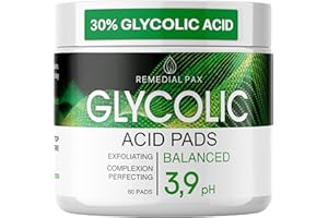 REMEDIAL PAX Glycolic Acid Resurfacing Pads 30% for Face and Body - Exfoliating Facial Peel-Vitamins B5 C E, Green Tea - Glycolic Acid Face Wash – 60 Pre-Moistened Cotton Pads for Cleansing, Peeling