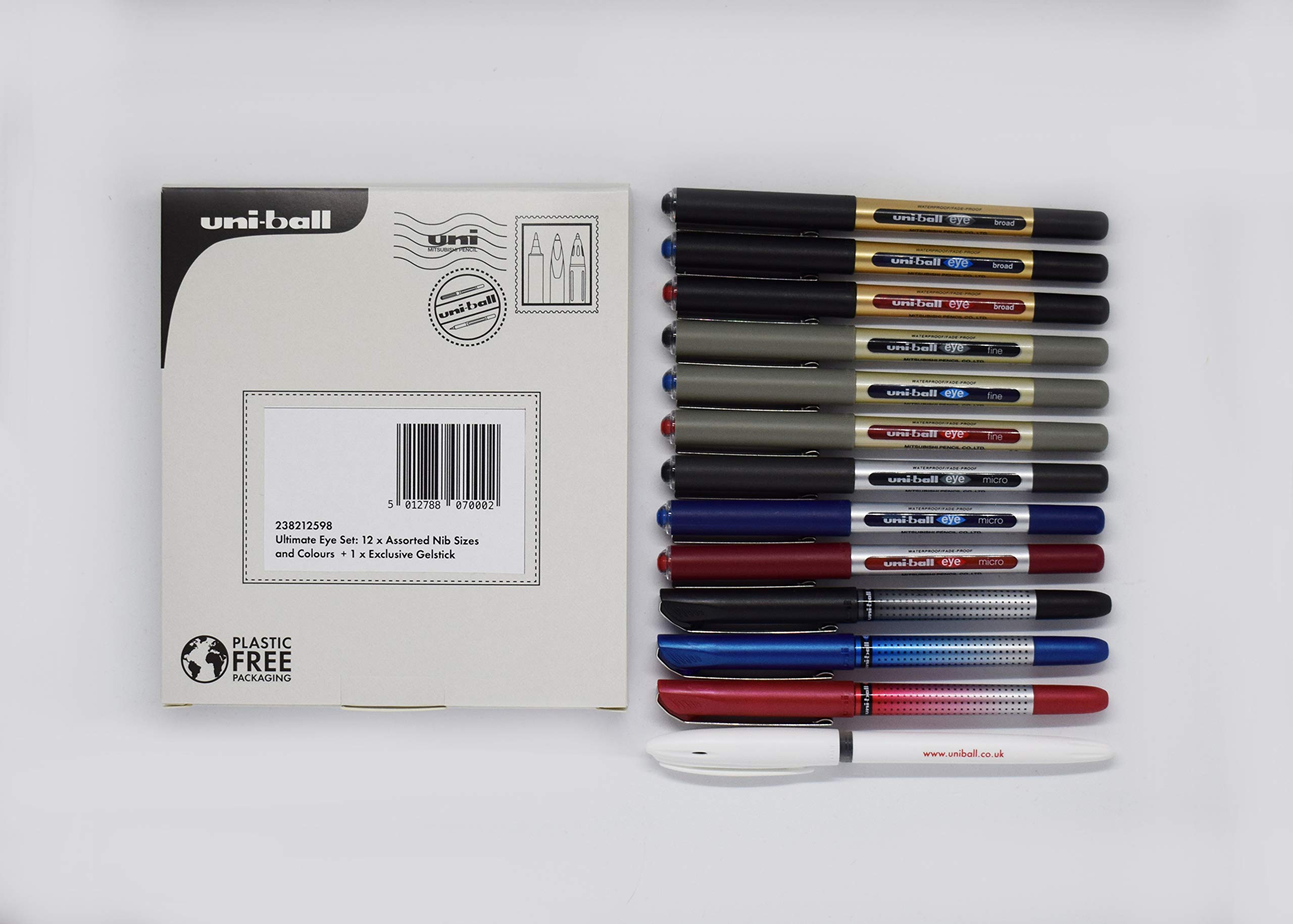 uni-ball Ultimate Eye Rollerball Black, Blue, Red Ink Pens Set. Broad 1.0mm, Fine 0.7mm, Micro 0.5mm, Needle 0.4mm Ballpoint Tip + Signo Gel Pen. Fade and Water Resistant Liquid Uni Super Ink. 13 Pack