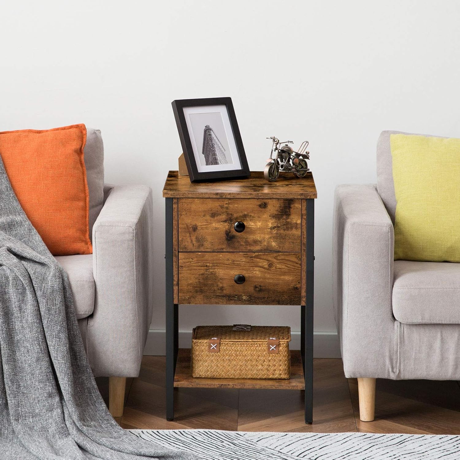 HOOBRO Nightstand with 2 Drawers and Open Shelf, Industrial Square End Table for Storage, Bedside Table in Living Room, Bedroom, Easy Assembly, Wooden Look with Metal Frame, Rustic Brown BF47BZ01: Home & Kitchen