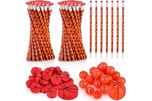 Ireer 150 Pcs Sport Pencil for Boys Include 50 Basketball Soccer Baseball Softball Football Pencils 50 Ball Erasers and 50 Sharpener Sports Birthday Party Favors for Boys(Basketball)