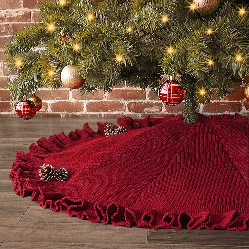 LimBridge Christmas Tree Skirt, 48 inches Ruffled Knit Knitted Thick Rustic Xmas Holiday Decoration, Burgundy
