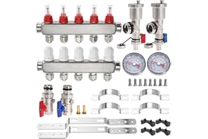 5-Branch PEX/Radiant Heat Manifold, 1/2" PEX Tubing,304 Stainless Steel Floor Heat Manifold Kit with 1/2" Adapters Included f