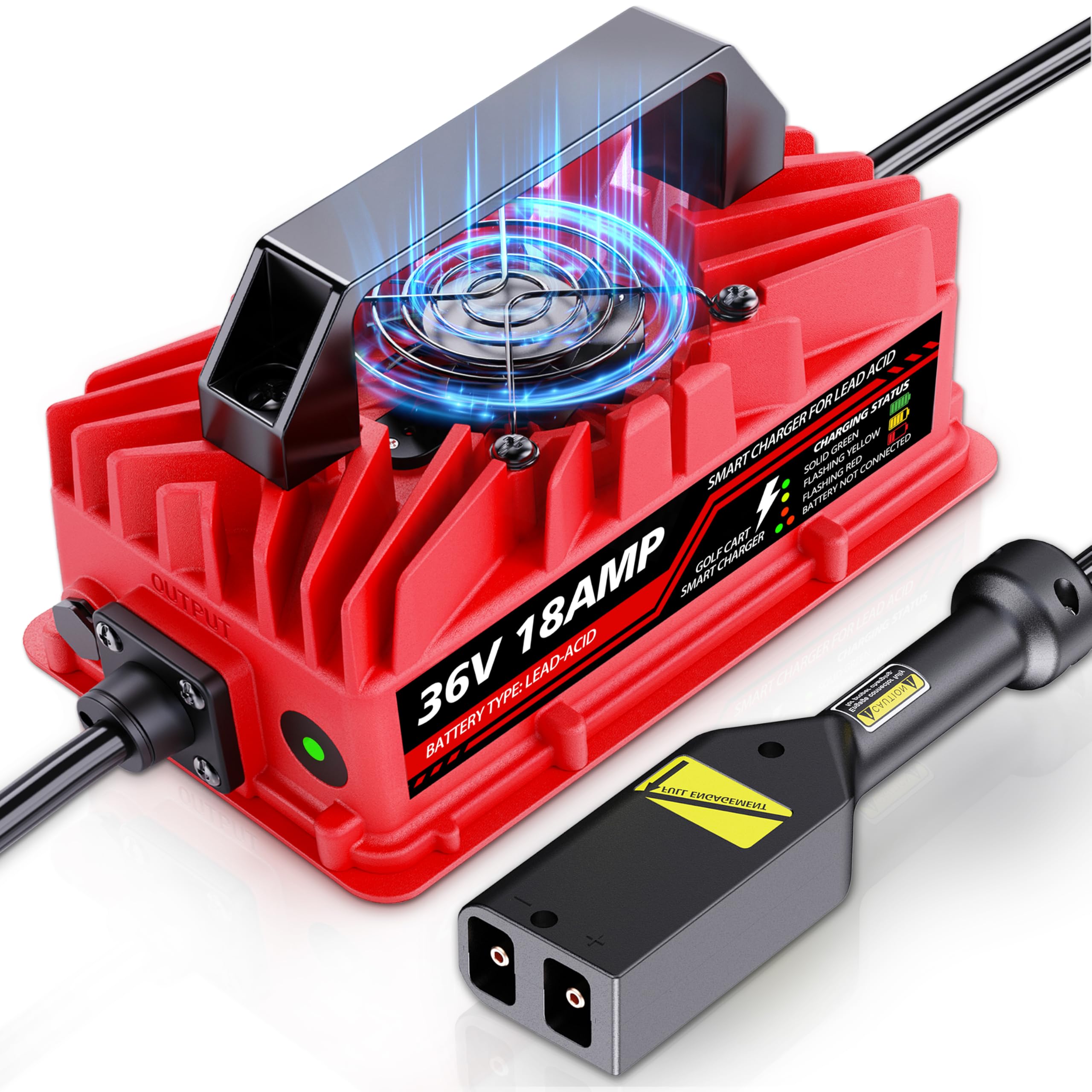 Photo 1 of 18 Amp 36 Volt Golf Cart Battery Charger for EZGO TXT - D-Style Plug, Smart Charger for Lead-Acid Batteries, IP67 Waterproof, Multi-Protection, Unique Design (Red)