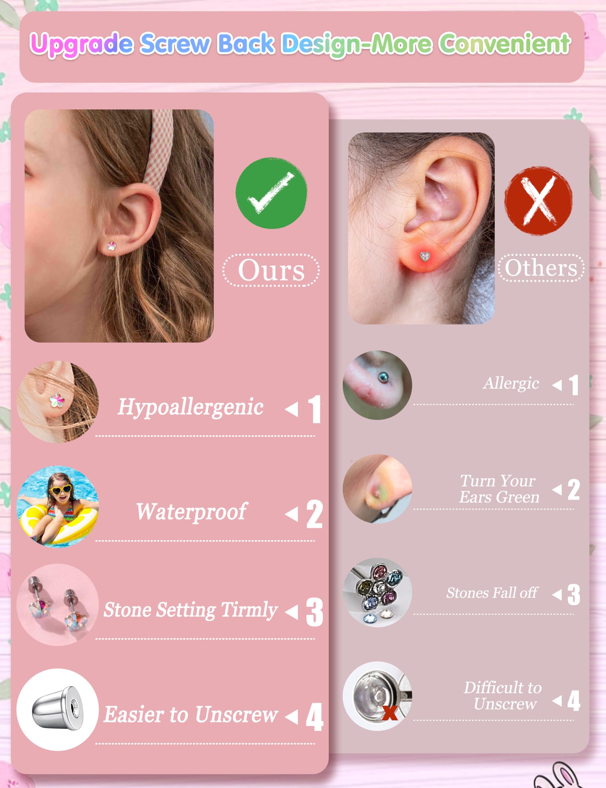 CASSIECA 16 Pairs Hypoallergenic Screw Back Earrings for Women Girls 316L Stainless Steel CZ Ball Heart Flower Screwback Flat Back Stud Earrings Jewelry Gift Women Multicolored Pink