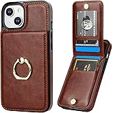 KIHUWEY for iPhone 13/14 Case Wallet with Credit Card Holder, 360° Rotation Ring PU Leather Magnetic Clasp Kickstand Heavy Duty Protective Cover for Women and Men 6.1 Inch (Brown)