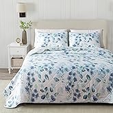 Great Bay Home Floral Twin Quilt Set with Shams, Blue Green Floral Bedding Set, All-Season, Lightweight Bedspread. Reversible, Farmhouse Bedding. (Twin/Twin XL, Miranda)