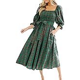 Women Christmas Plaid Maxi Dress Puff Sleeve Smocked Long Flowy Dress Bow Tie Ruffle Gingham Dresses