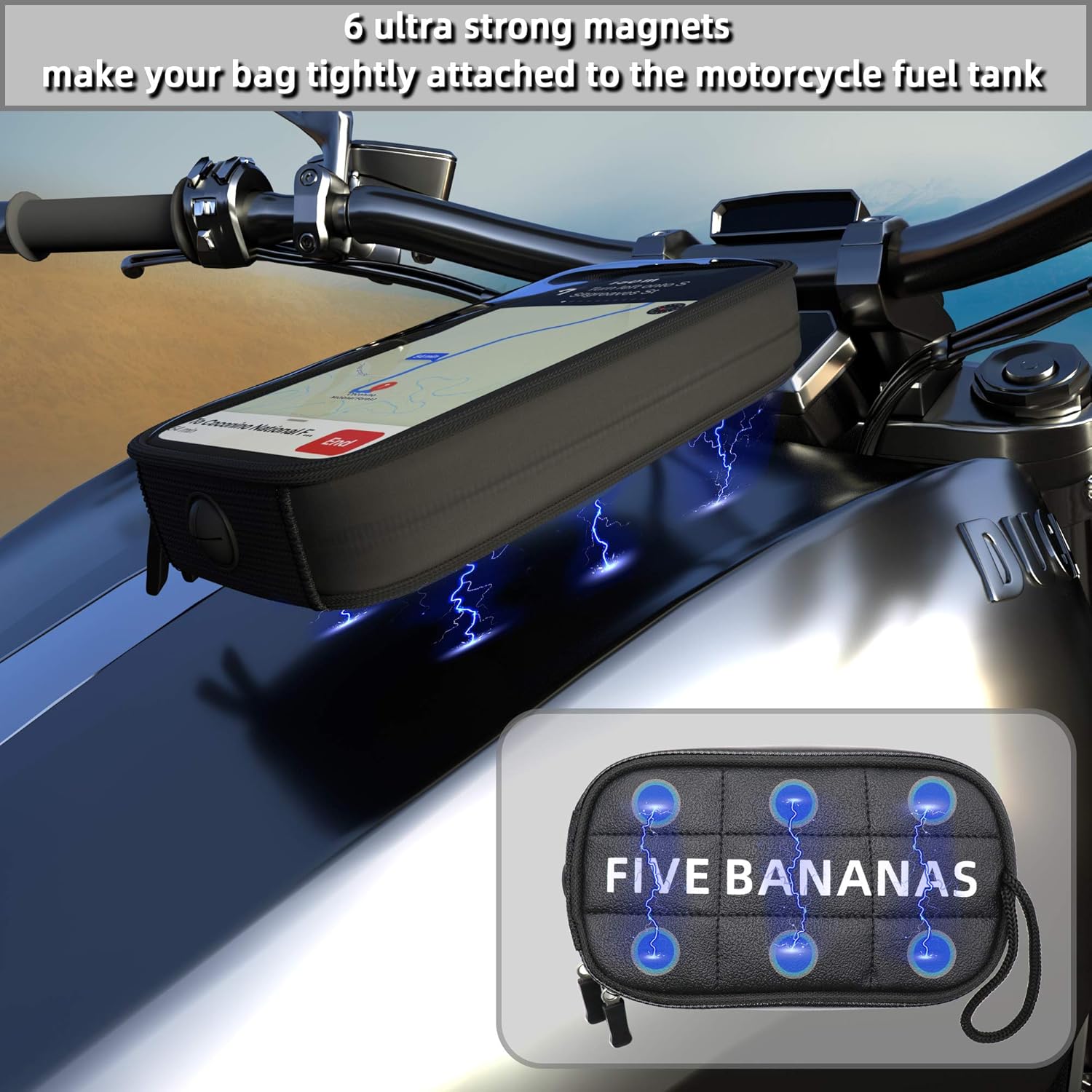 Five Bananas Motorcycle Tank Bag, Magnetic Touch Screen Motorcycle Waterproof Large Cell Phone Case Holder for iPhone/Android up to 6.7 Inch: Automotive