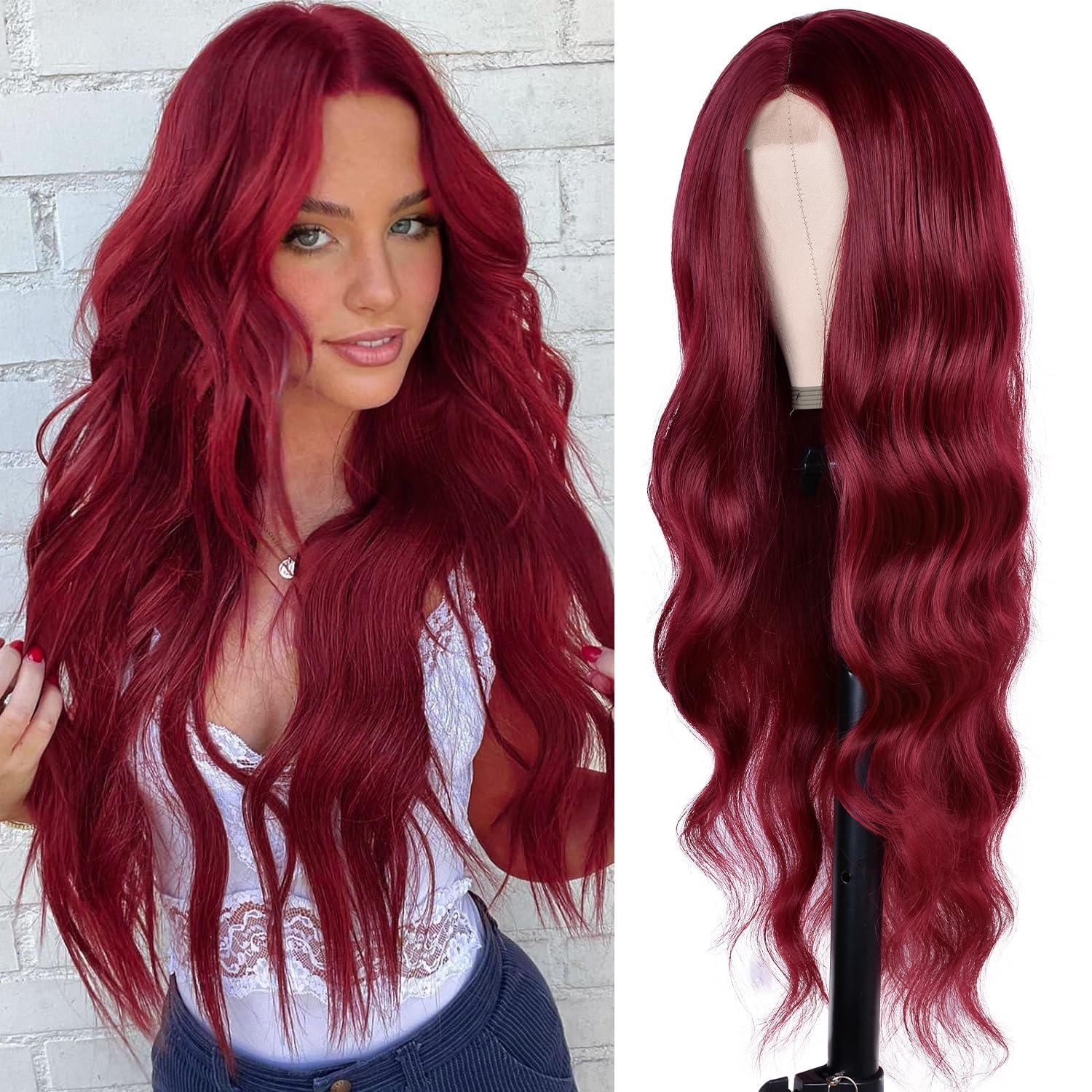 ISAMY Long Wavy Wigs for Women 26Inch Synthetic Middle Part Curly Wavy Natural Looking Synthetic Wig for Daily Part Use (Wine Red)