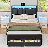 Furnulem Full Size Bed Frame with Charging Station and LED Lights, Grey Upholstered Headboard with Shelves, Metal Platform Bed with 2 Under-Bed Storage (Fabric Drawer on Wheels), No Box Spring Needed